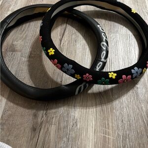 Floral Embroidered Black Steering Wheel Cover
